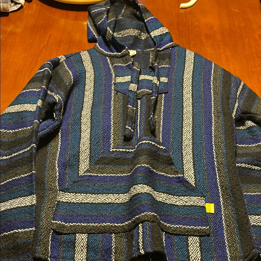 Striped Blue and Gray Hooded baja jacket or poncho